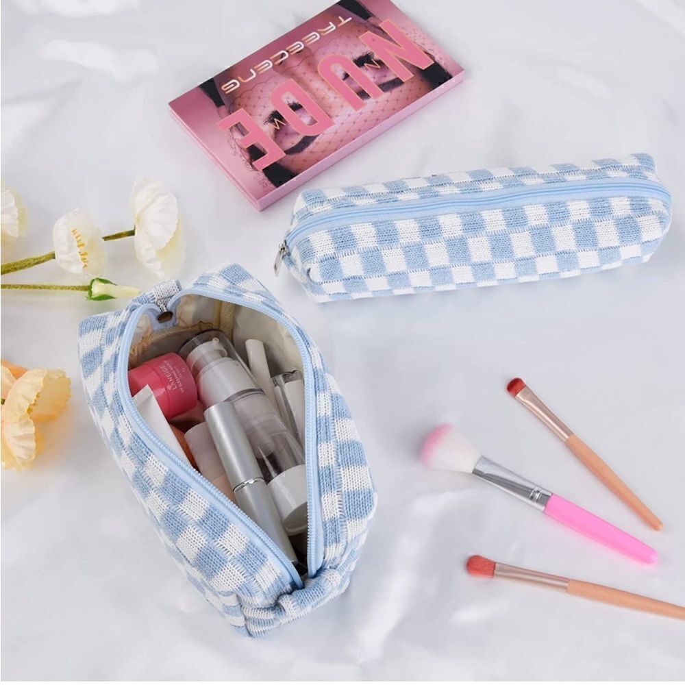 Blue Checkered Makeup Bag Set